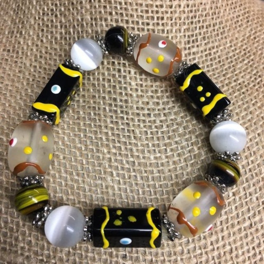 Glass Stretch Bracelet Black White Silver Yellow Red Brown Moonstone Retro BoHo